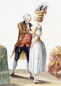 Elegancka dama na stroju z krawcem, talerz z Galerie des Modes et Costumes Francais, rytowany przez Dupina, 1778